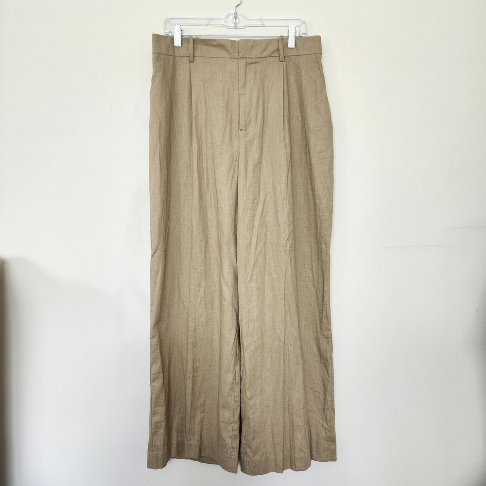 Zara Tan Khaki Linen Blend Wide Leg Pleated High Waisted Trousers Pants NWT - Picture 2 of 7